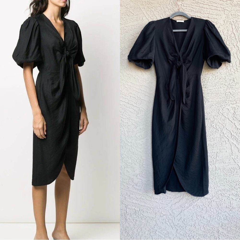 SANDRO Black Linen Tie Front Puff Sleeve Wrap Skirt Bloane Blum Midi Dress S - Picture 10 of 17